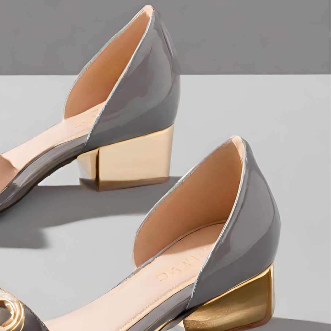 Elegant Patent Leather Peep-Toe Pumps with Gold-Tone Heel, view 3
