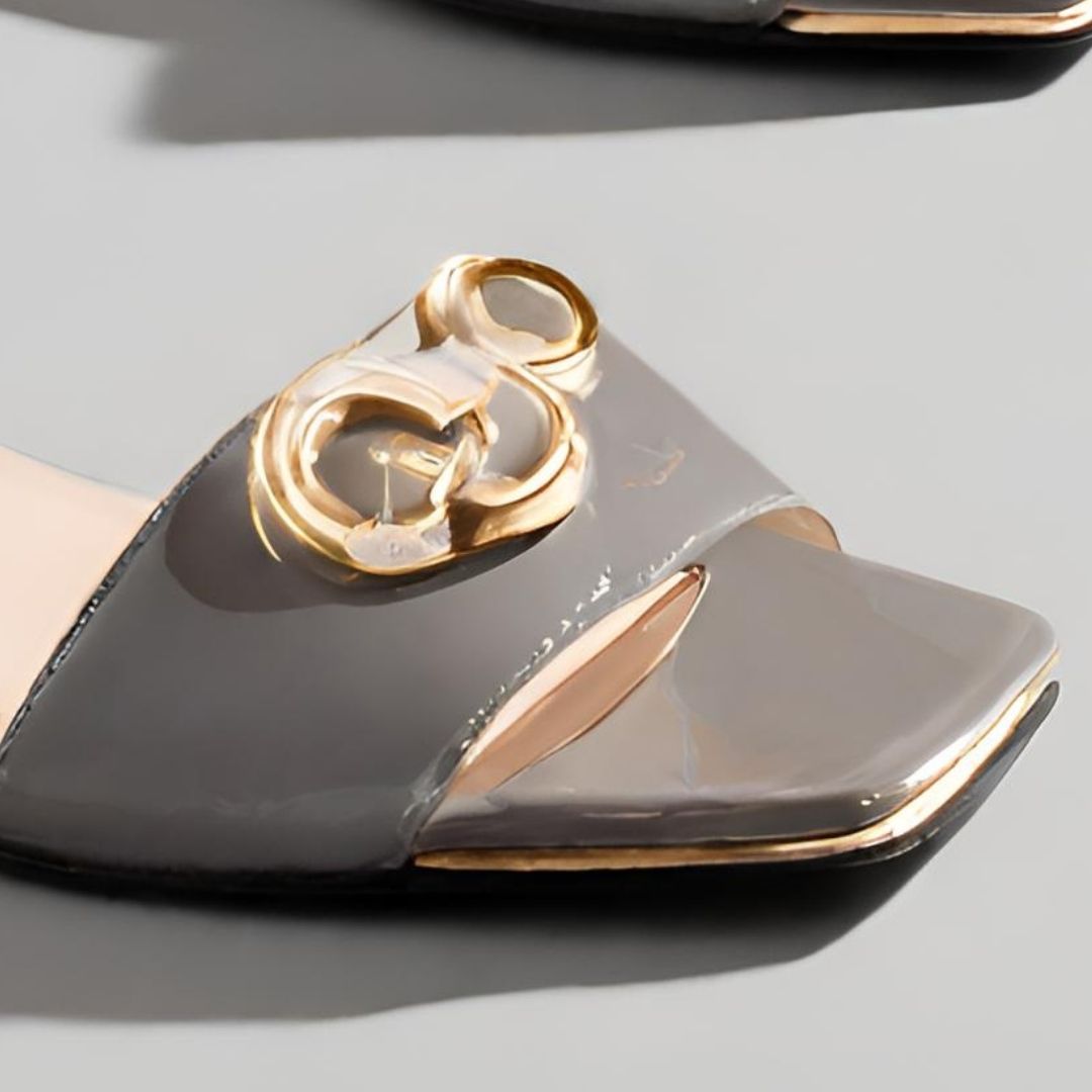 Elegant Patent Leather Peep-Toe Pumps with Gold-Tone Heel, view 2
